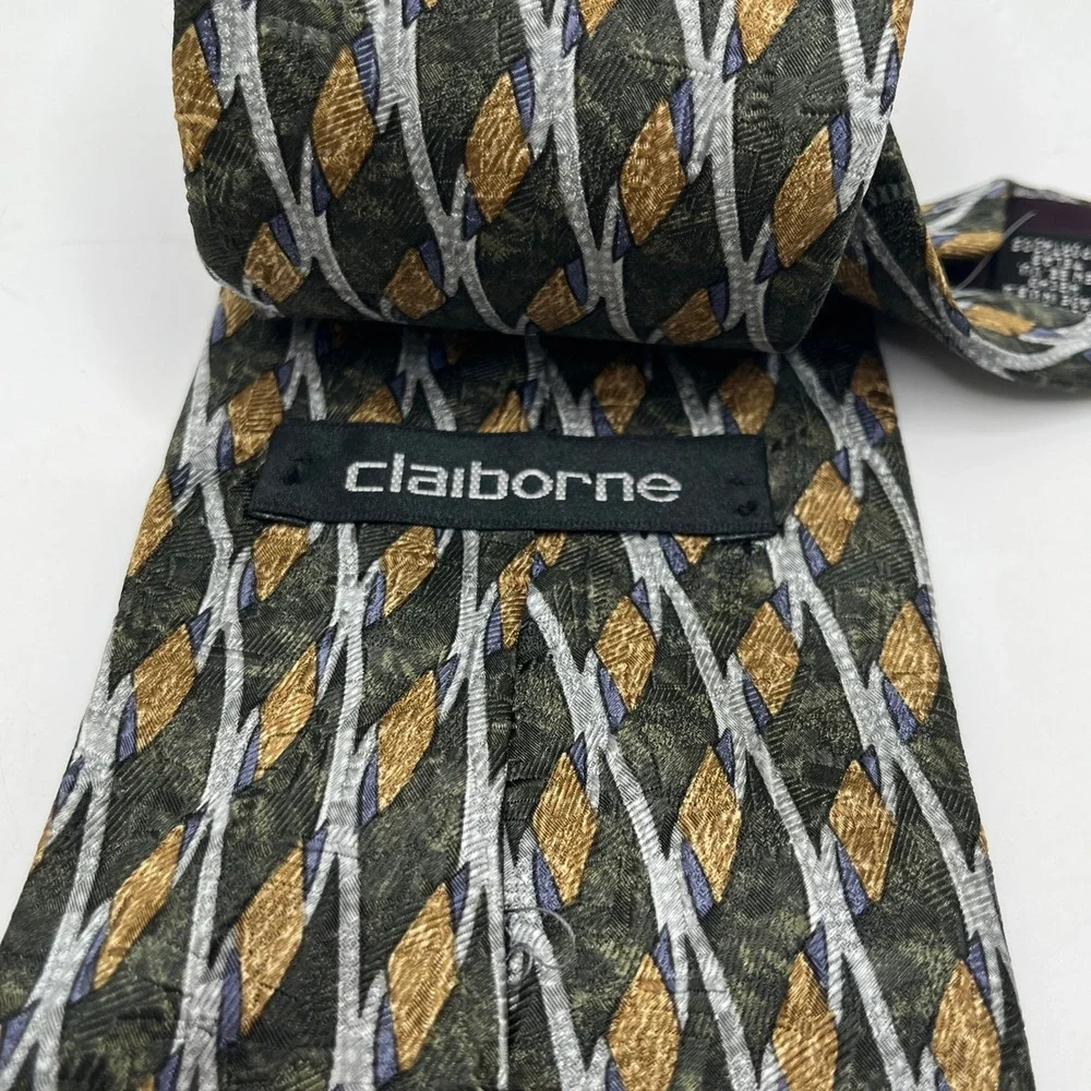 Claiborne‎ Men's Necktie Olive Green Gold Diamond USA Made Silk Blend